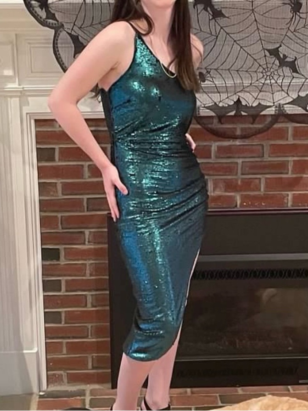 Lulu's Teal One-Shoulder Sequin Midi Dress